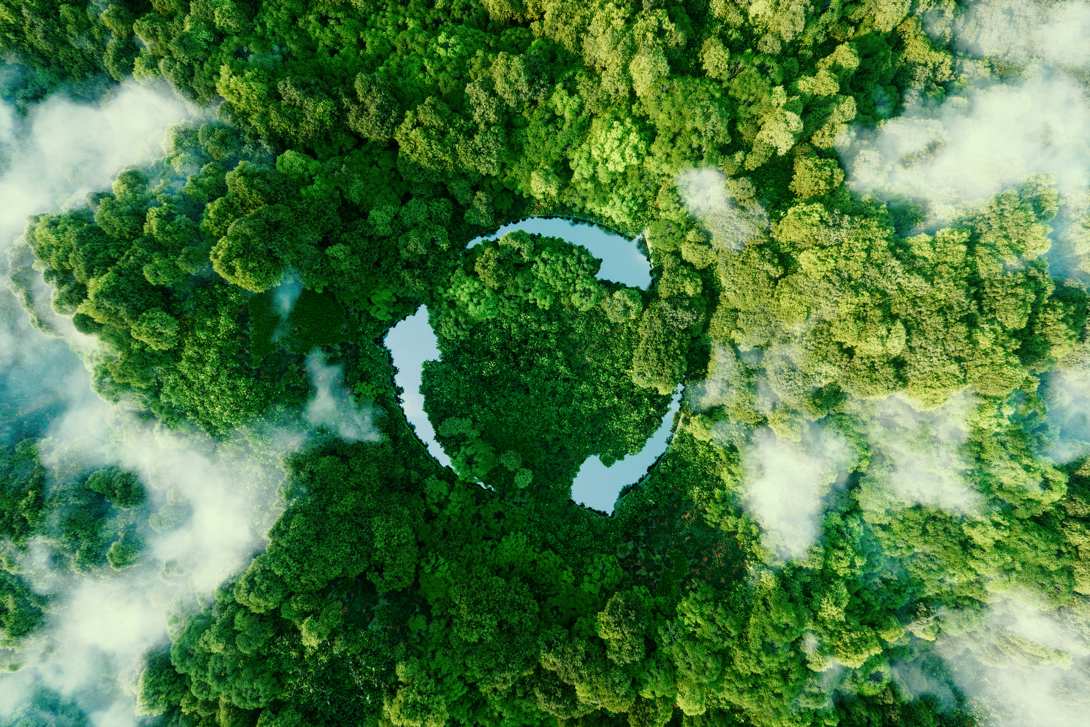 Abstract icon representing the ecological call to recycle and reuse in the form of a pond with a recycling symbol in the middle of a beautiful untouched jungle. 3d rendering. iStock 1340716614