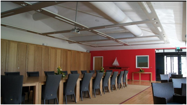 Image of a fabric ducting system in a conference room.