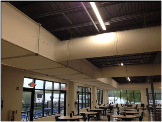 Image of a fabric ducting system in a cafeteria.